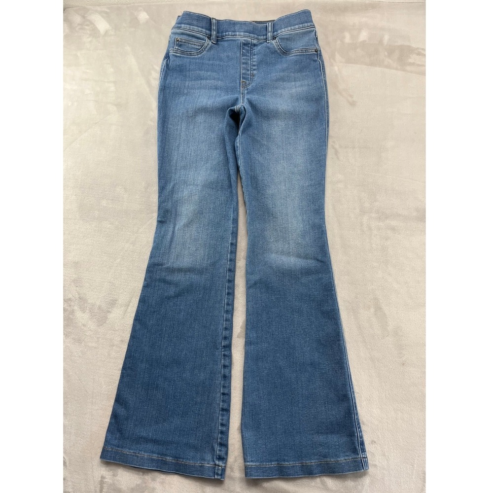Spanx Flare Jeans Women Medium Blue High Rise Pull On Stretch Bell Bottom Preppy